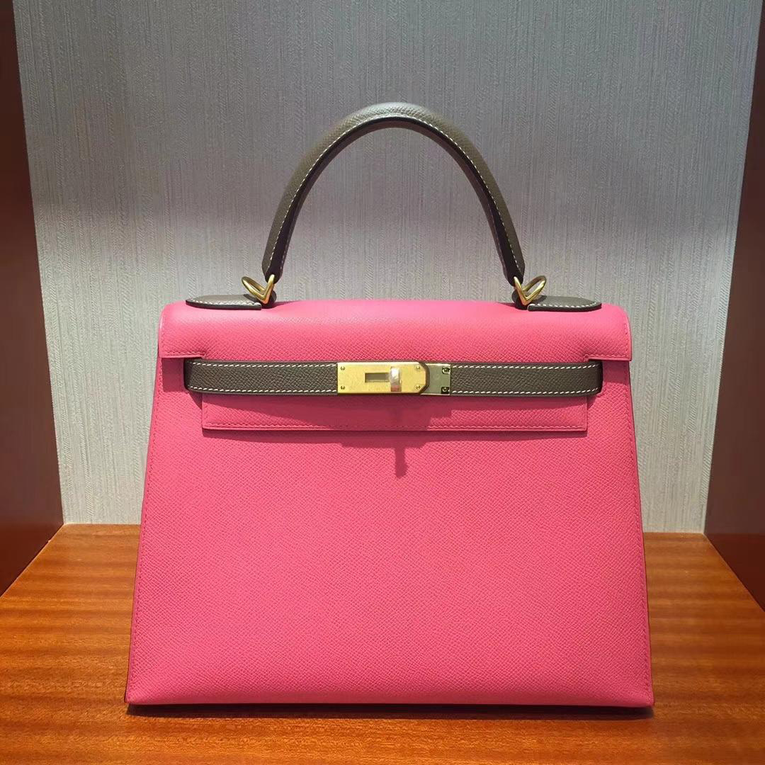 Canada Hermes Kelly bag 25 Epsom皮 8W唇膏粉/C18大象灰 拉絲金扣金屬