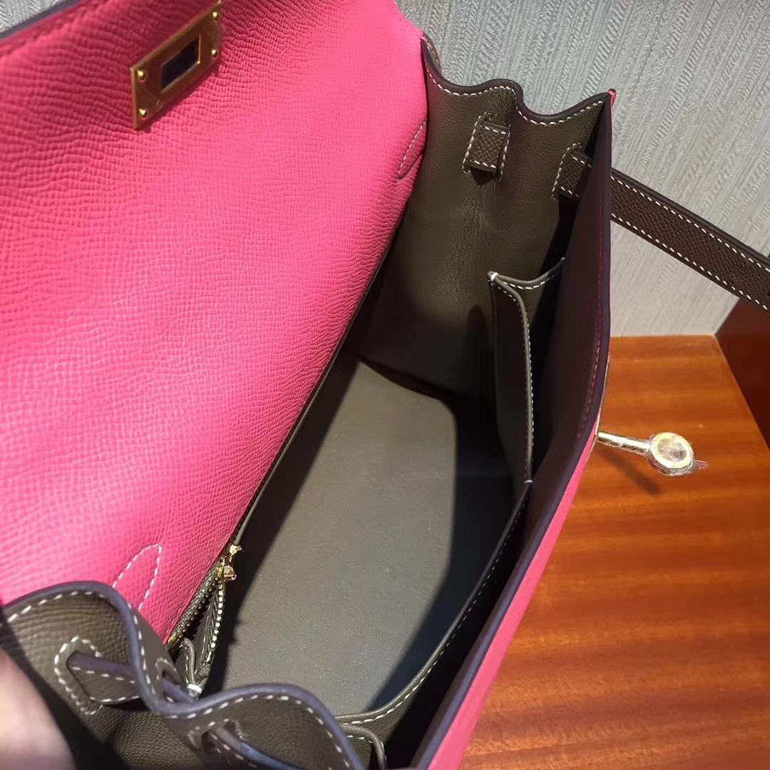 Canada Hermes Kelly bag 25 Epsom皮 8W唇膏粉/C18大象灰 拉絲金扣金屬