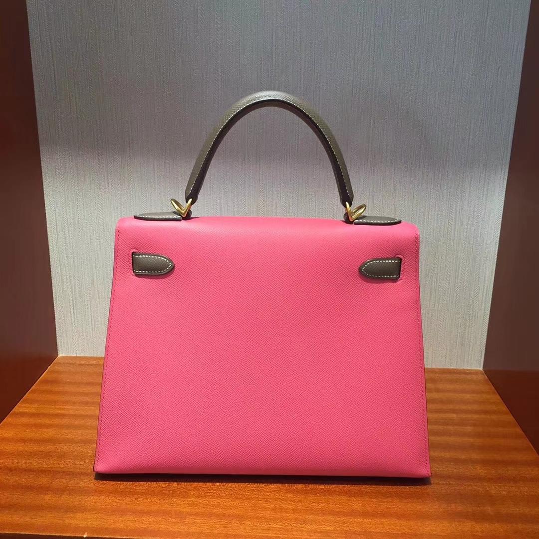 Canada Hermes Kelly bag 25 Epsom皮 8W唇膏粉/C18大象灰 拉絲金扣金屬