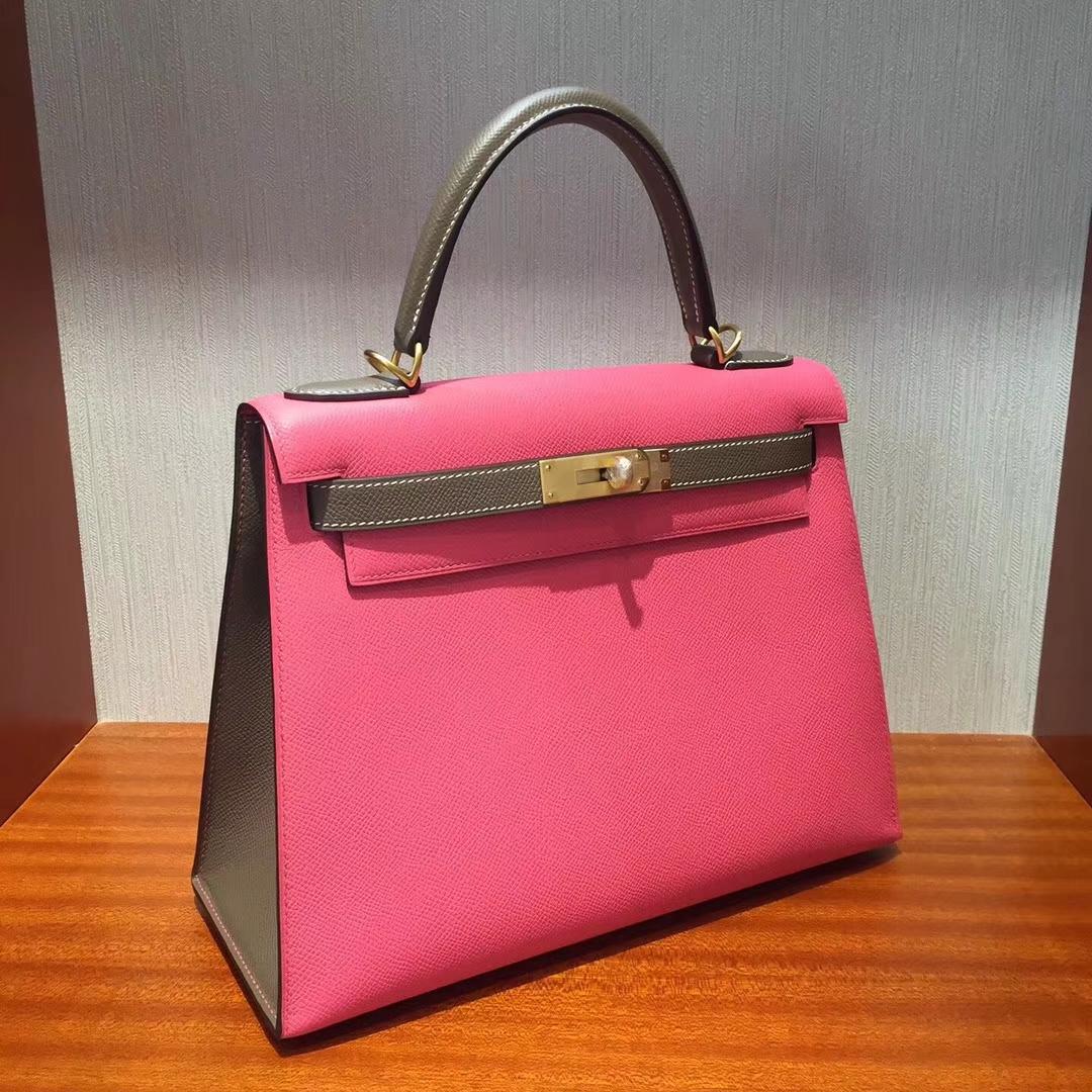 Canada Hermes Kelly bag 25 Epsom皮 8W唇膏粉/C18大象灰 拉絲金扣金屬