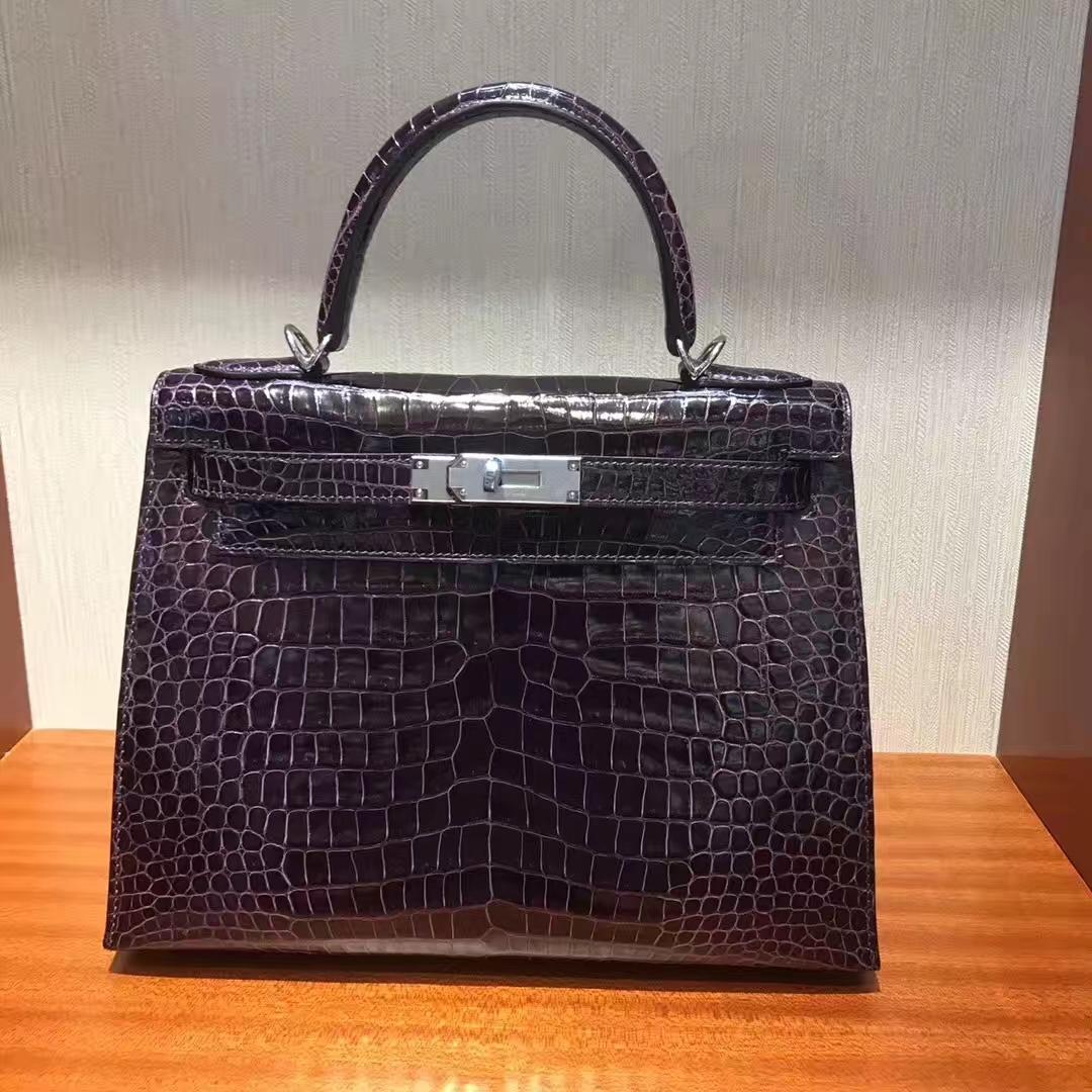 Canada Hermes Kelly bag 28 3W深邃紫 亮面倒V 澳洲灣鱷 銀扣