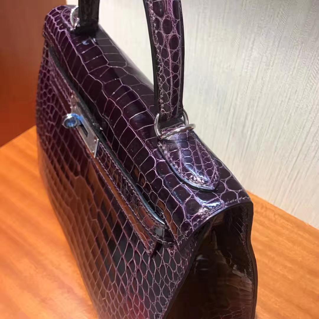 Canada Hermes Kelly bag 28 3W深邃紫 亮面倒V 澳洲灣鱷 銀扣