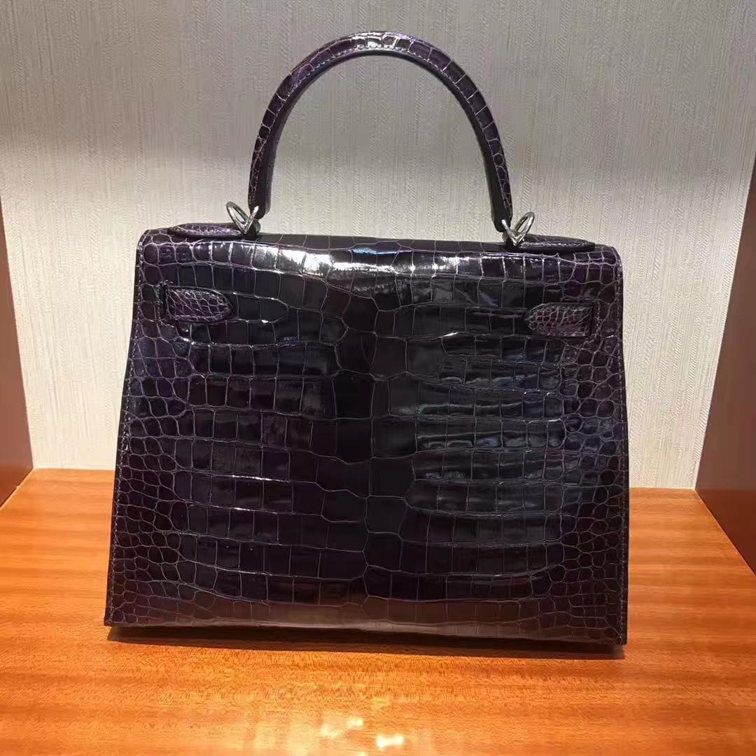 Canada Hermes Kelly bag 28 3W深邃紫 亮面倒V 澳洲灣鱷 銀扣