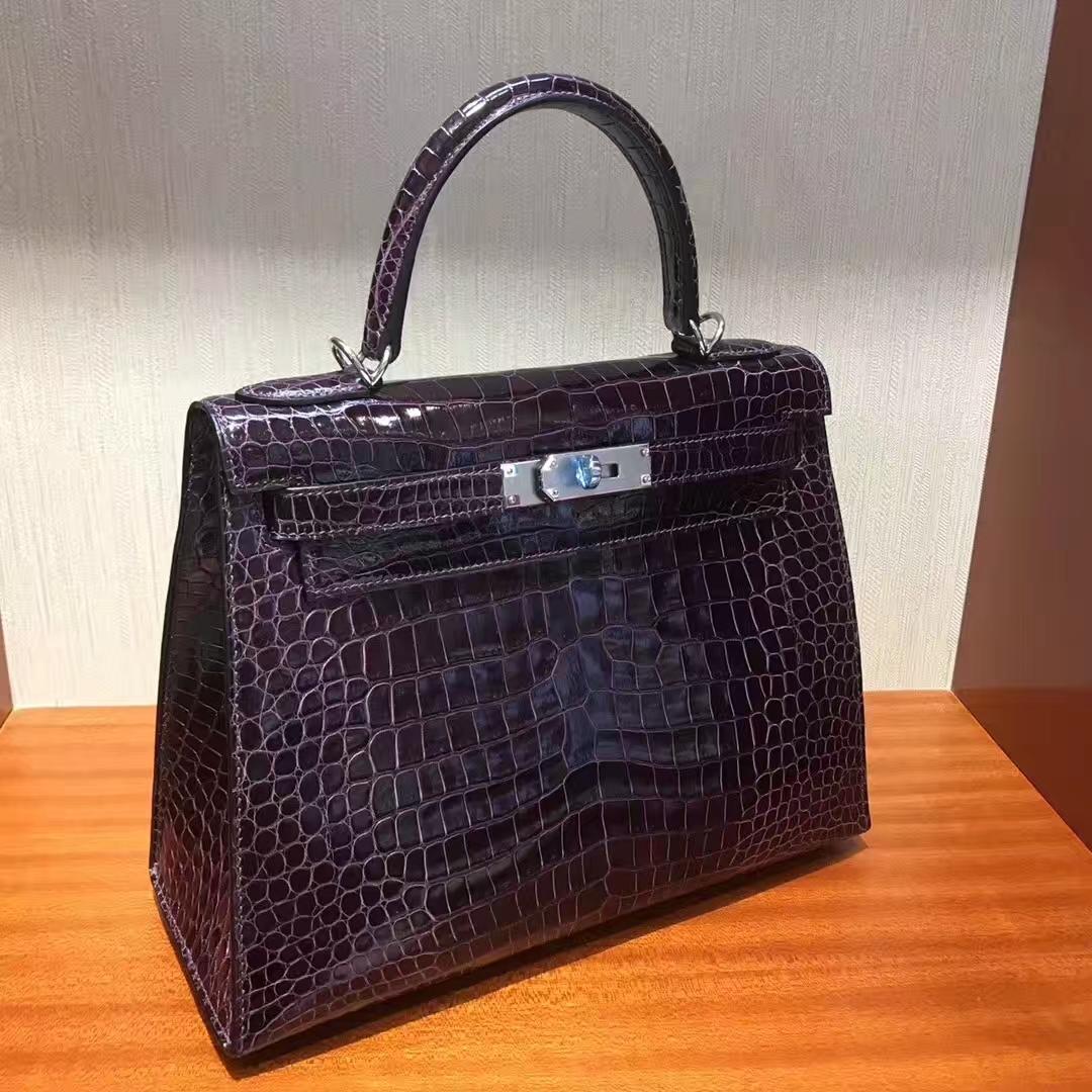 Canada Hermes Kelly bag 28 3W深邃紫 亮面倒V 澳洲灣鱷 銀扣