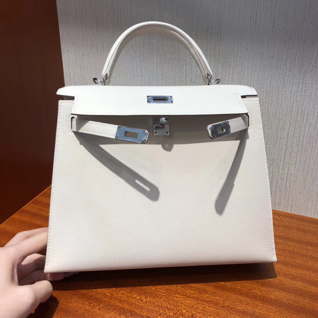 Canada Hermes Kelly bag 25 CK10奶昔白 Epsom牛皮 银扣