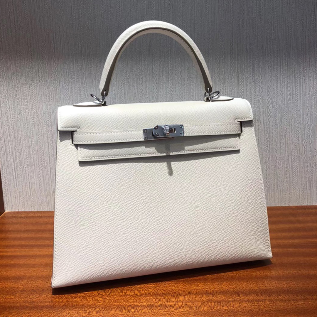 Canada Hermes Kelly bag 25 CK10奶昔白 Epsom牛皮 银扣