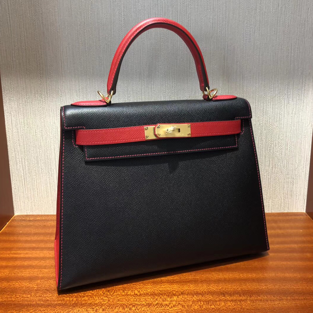 Australia Hermes kelly Bag 28cm Epsom CK89黑色/Q5國旗紅 金扣