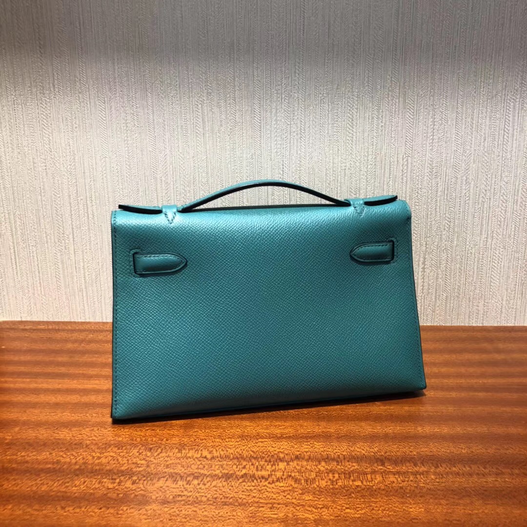 Australia Hermes MiniKelly pochette 22cm 7F孔雀藍 Epsom皮 銀扣