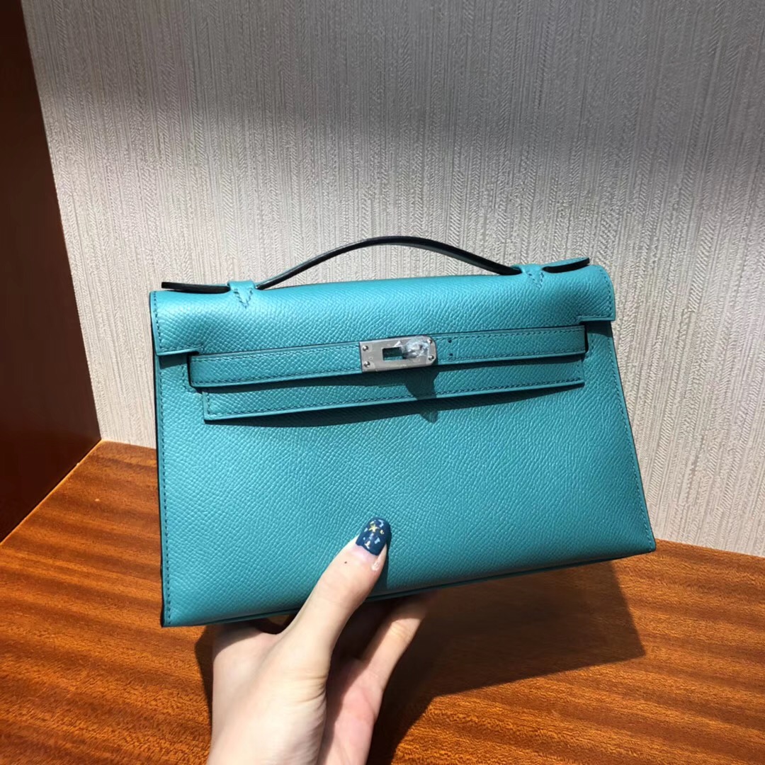 Australia Hermes MiniKelly pochette 22cm 7F孔雀藍 Epsom皮 銀扣