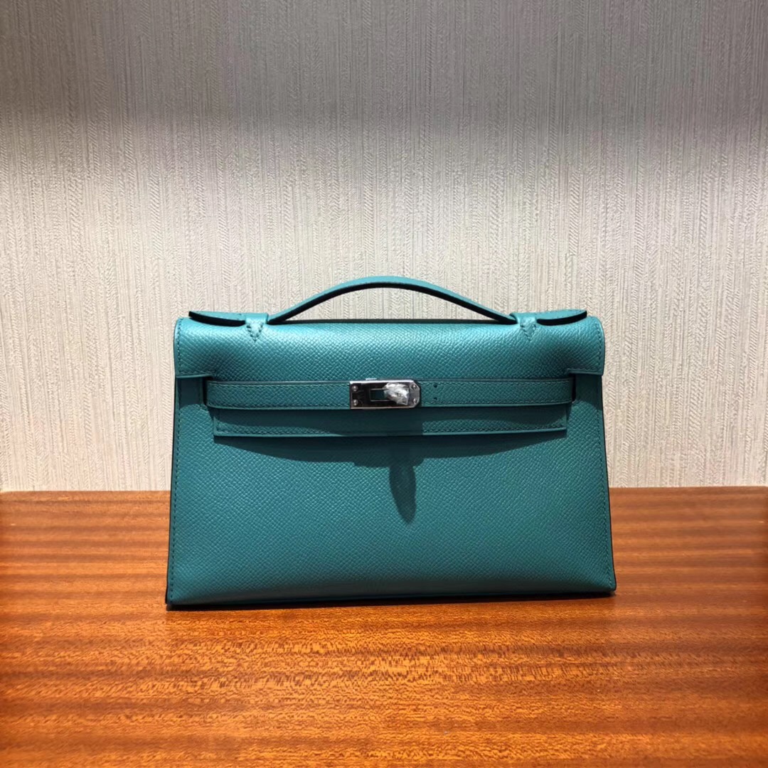 Australia Hermes MiniKelly pochette 22cm 7F孔雀藍 Epsom皮 銀扣