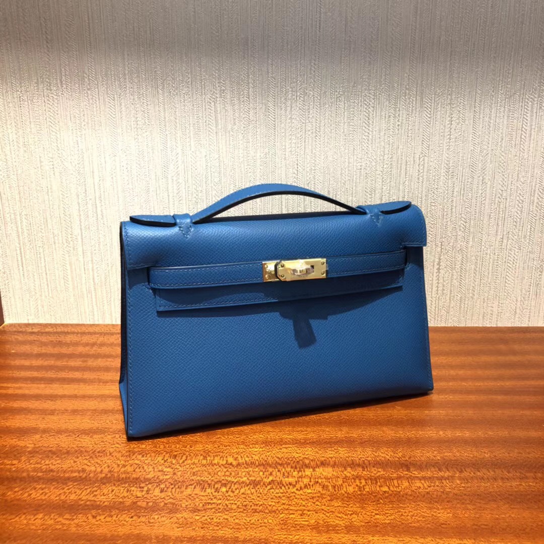 Hermès MiniKelly pochette 22cm 手提包 Epsom 7W伊茲密爾藍 金扣