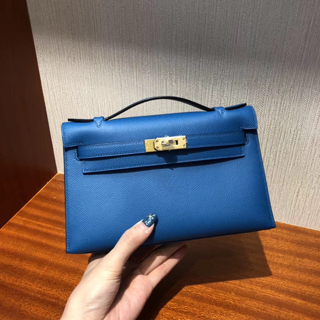 Hermès MiniKelly pochette 22cm 手提包 Epsom 7W伊茲密爾藍 金扣