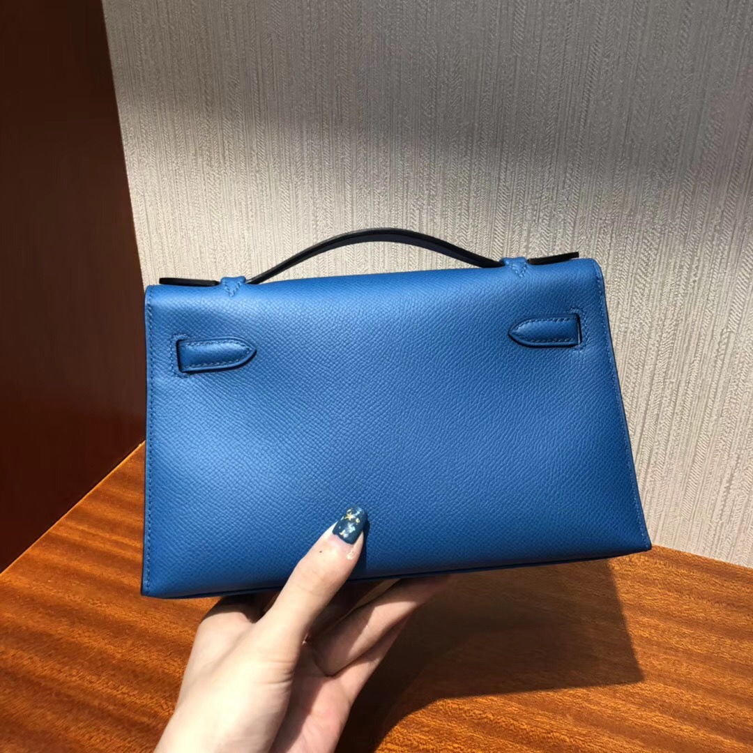 Hermès MiniKelly pochette 22cm 手提包 Epsom 7W伊茲密爾藍 金扣