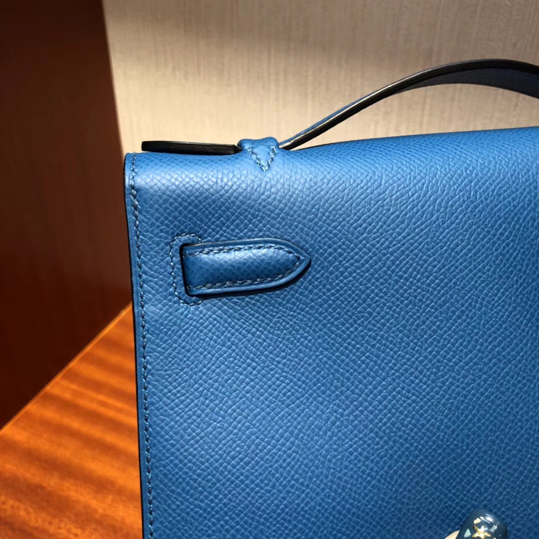 Hermès MiniKelly pochette 22cm 手提包 Epsom 7W伊茲密爾藍 金扣