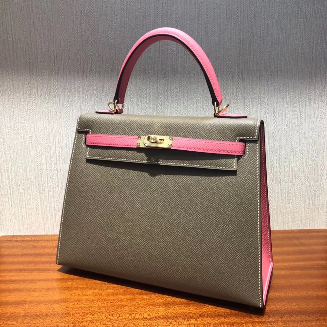 Malaysia Hermes Kelly Bag 25cm Epsom CK18大象灰/8w新唇膏粉金扣