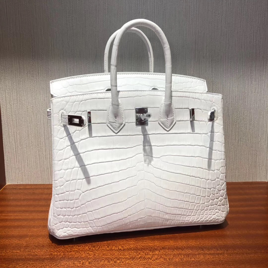 Malaysia HERMES Birkin Bag 25cm 01纯白 雾面两点 尼罗鳄鱼 银扣金屬