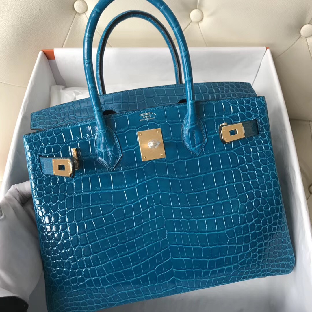 Hermes Birkin 30cm Shiny porosus crocodile倒V灣鱷HCP 7W伊茲密爾藍Blue izmir