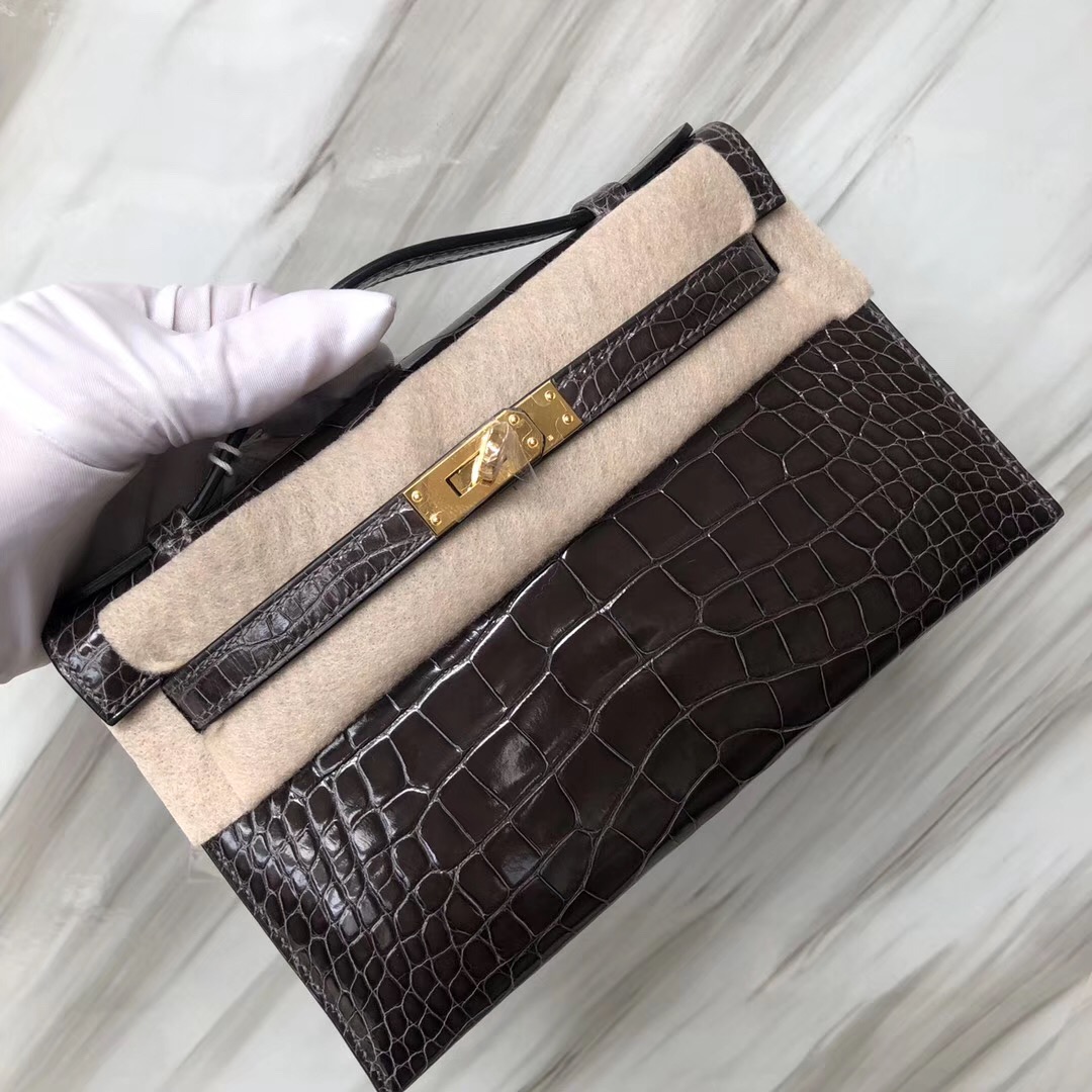 Hermès MiniKelly Pochette CK88石墨灰 Graphite美洲鱷Shiny alligator crocodile