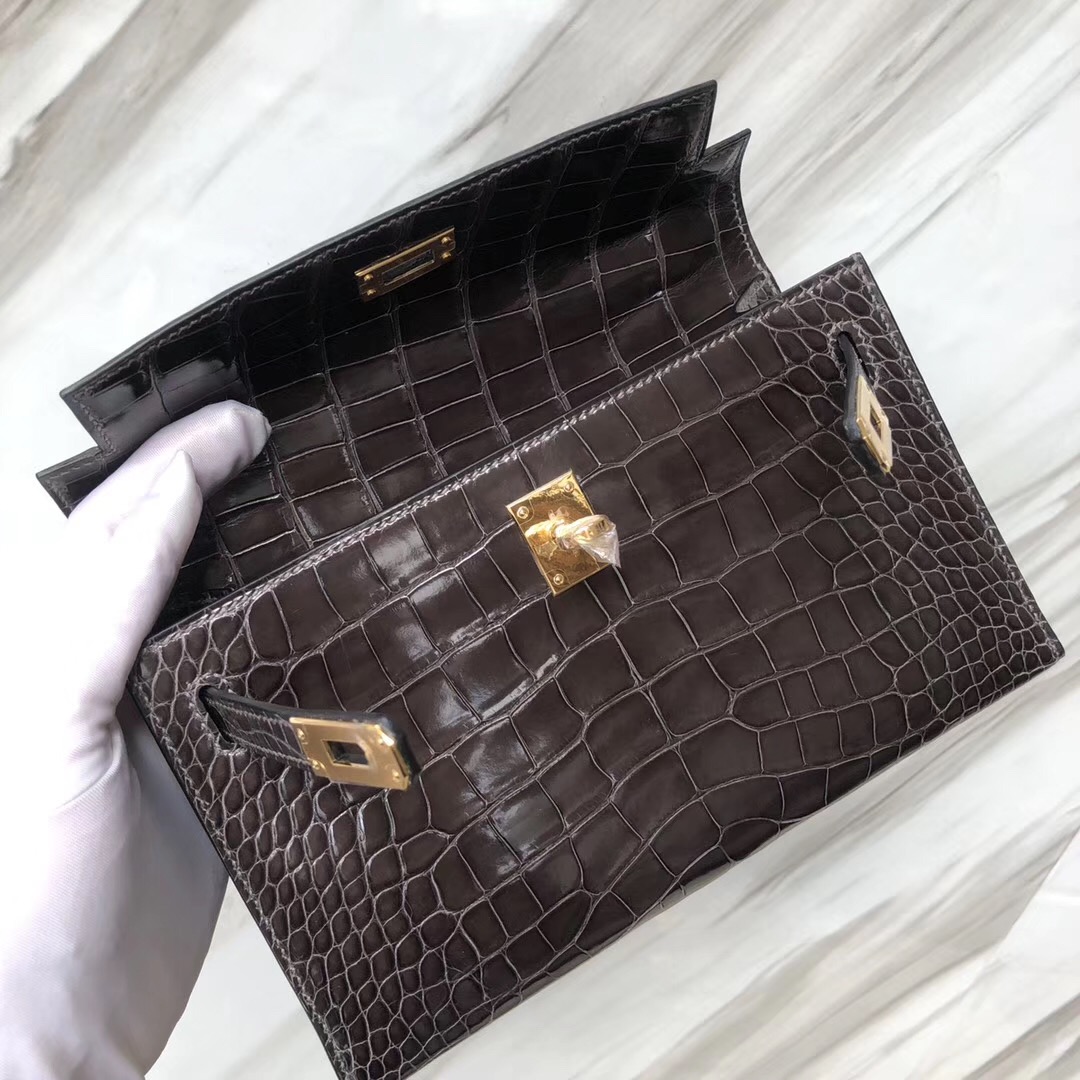 Hermès MiniKelly Pochette CK88石墨灰 Graphite美洲鱷Shiny alligator crocodile