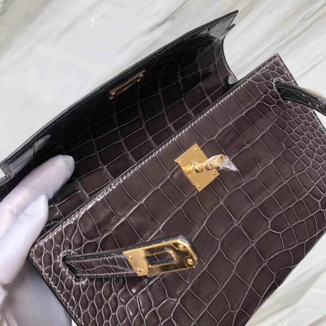 Hermès MiniKelly Pochette CK88石墨灰 Graphite美洲鱷Shiny alligator crocodile