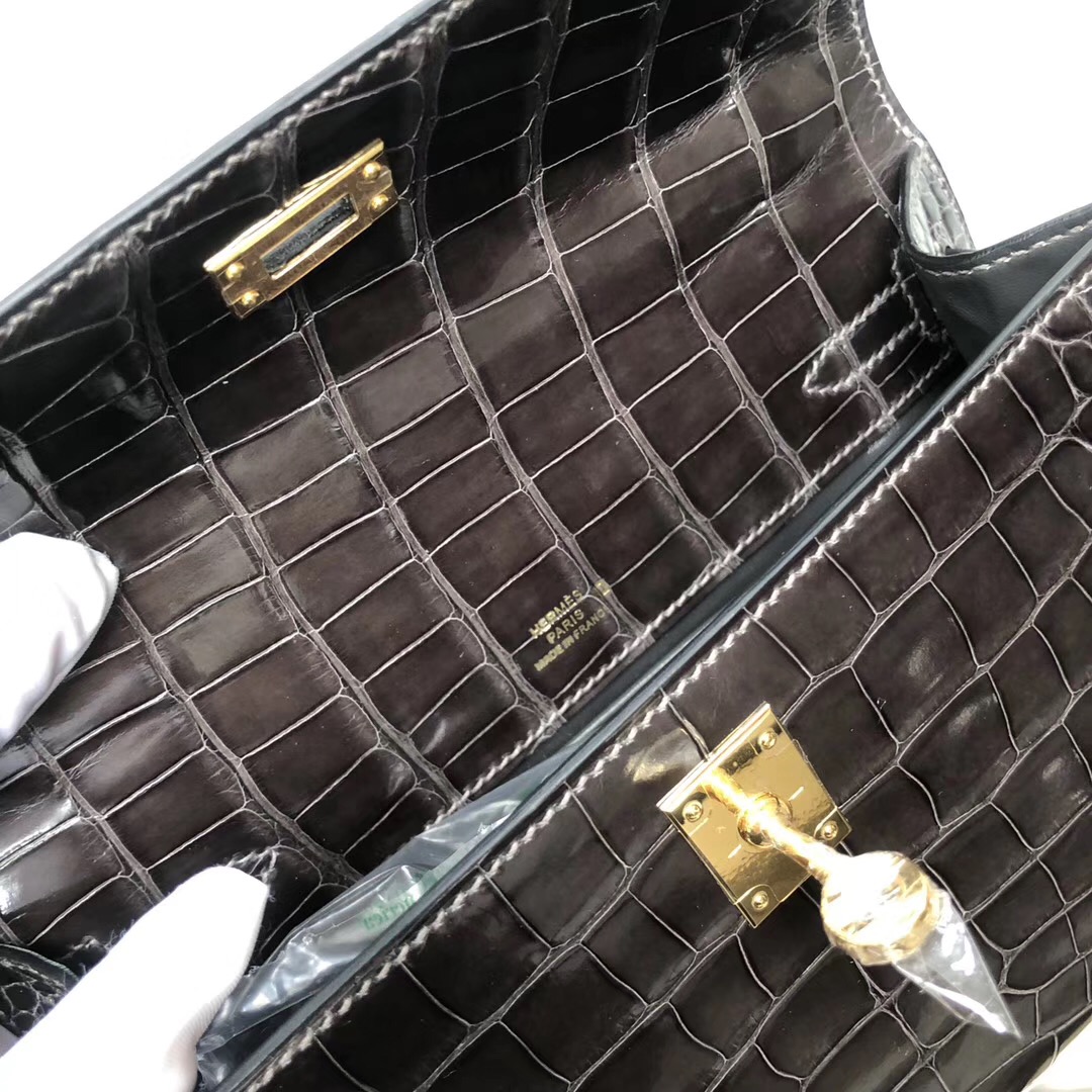 Hermès MiniKelly Pochette CK88石墨灰 Graphite美洲鱷Shiny alligator crocodile