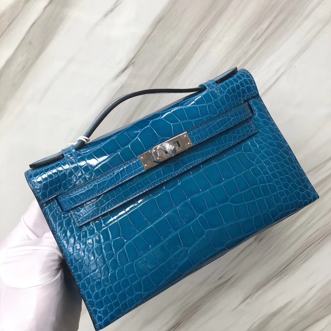 Hermès MiniKelly Pochette 7W伊茲密爾藍 Blue izmir Shiny alligator crocodile