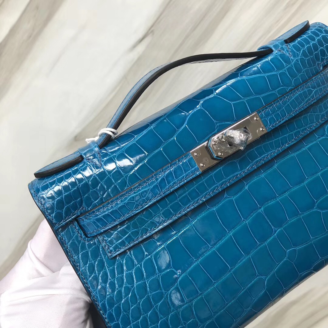 Hermès MiniKelly Pochette 7W伊茲密爾藍 Blue izmir Shiny alligator crocodile