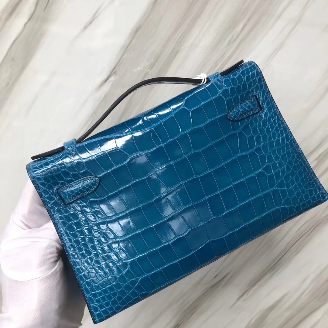 Hermès MiniKelly Pochette 7W伊茲密爾藍 Blue izmir Shiny alligator crocodile