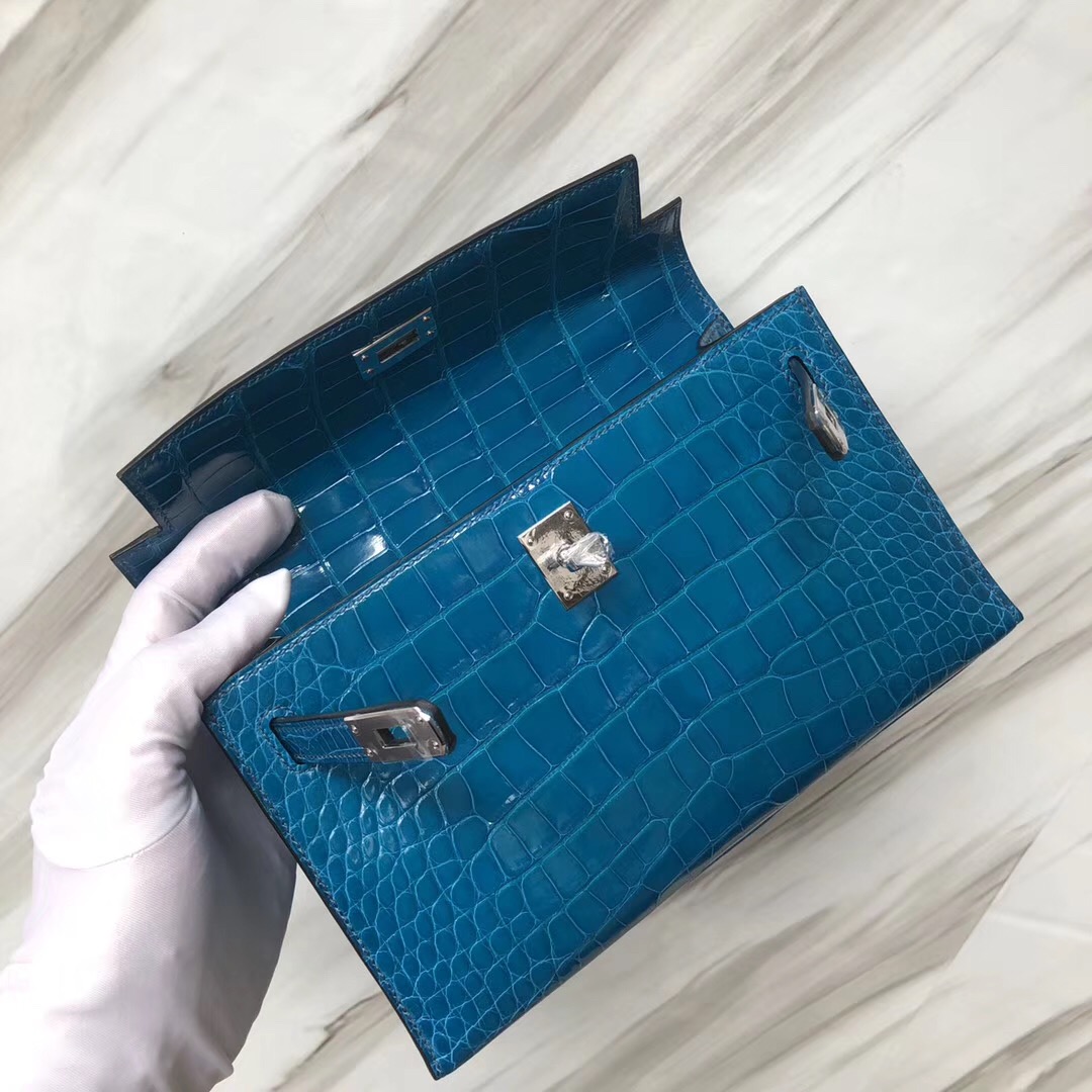 Hermès MiniKelly Pochette 7W伊茲密爾藍 Blue izmir Shiny alligator crocodile