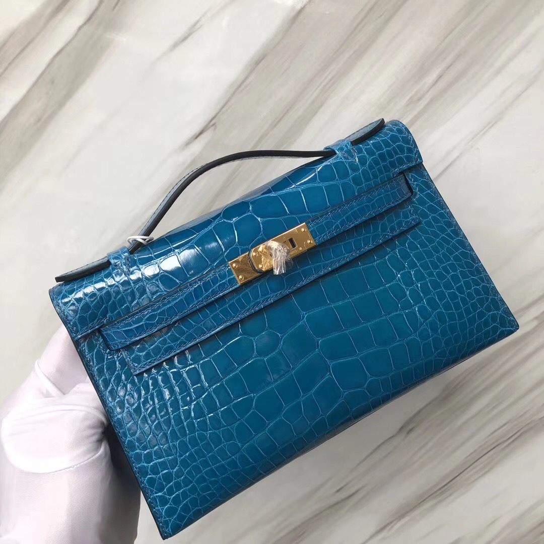 香港愛馬仕專賣店地址 Hermès MiniKelly Pochette alligator 7W伊茲密爾藍 Blue izmir