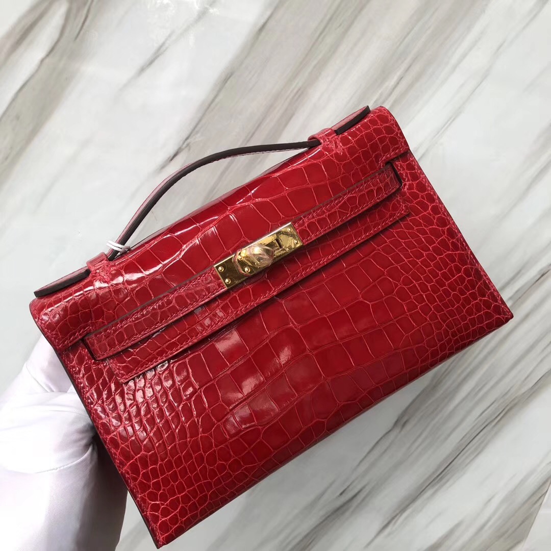 Hermes MiniKelly Pochette CK95法拉利紅 Rouge Braise Shiny alligator crocodile