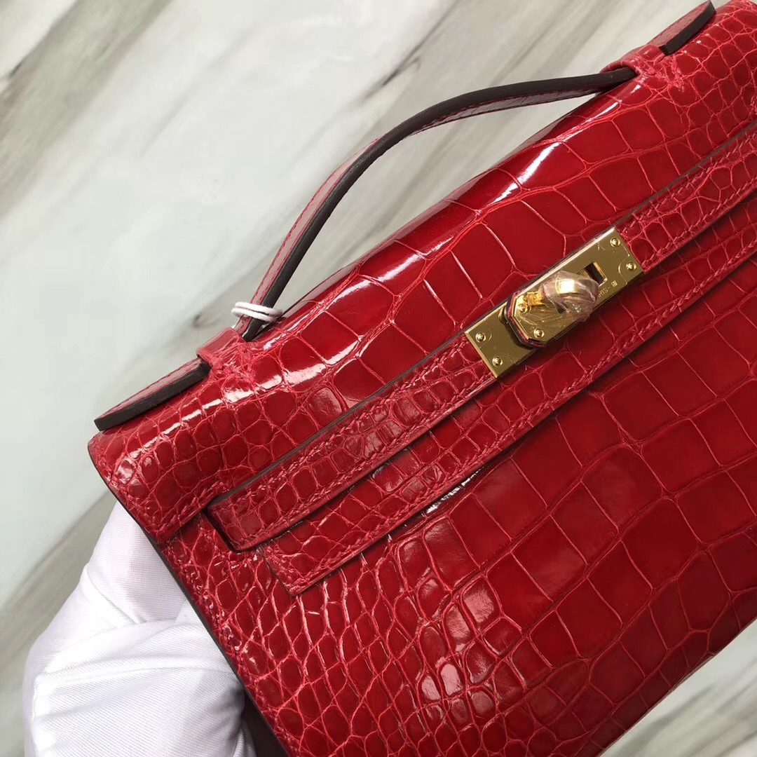 Hermes MiniKelly Pochette CK95法拉利紅 Rouge Braise Shiny alligator crocodile