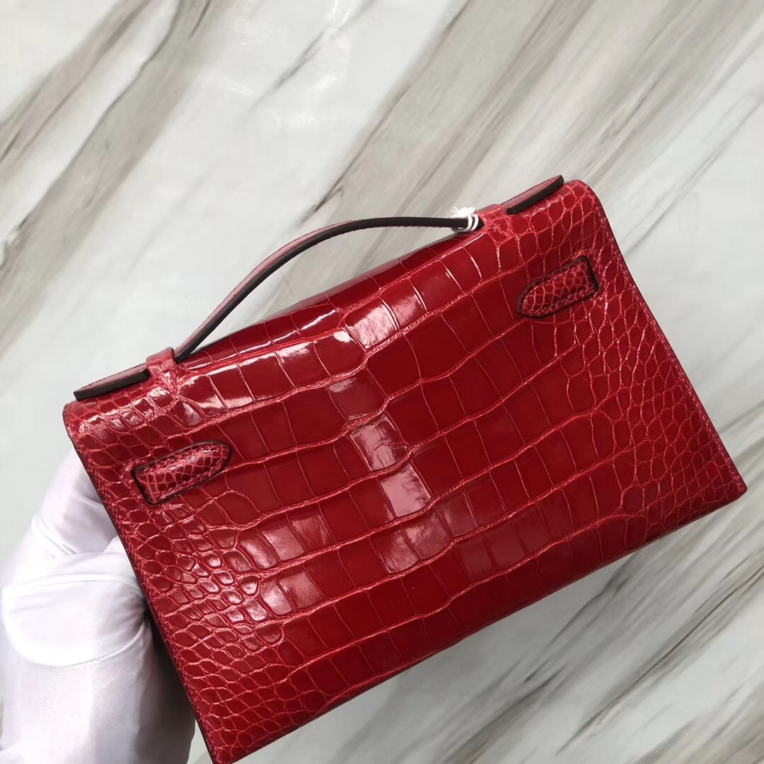 Hermes MiniKelly Pochette CK95法拉利紅 Rouge Braise Shiny alligator crocodile