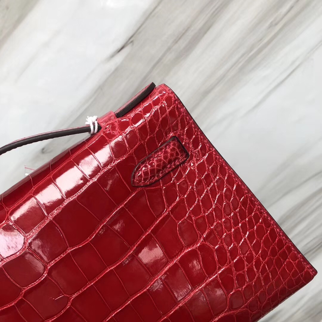 Hermes MiniKelly Pochette CK95法拉利紅 Rouge Braise Shiny alligator crocodile