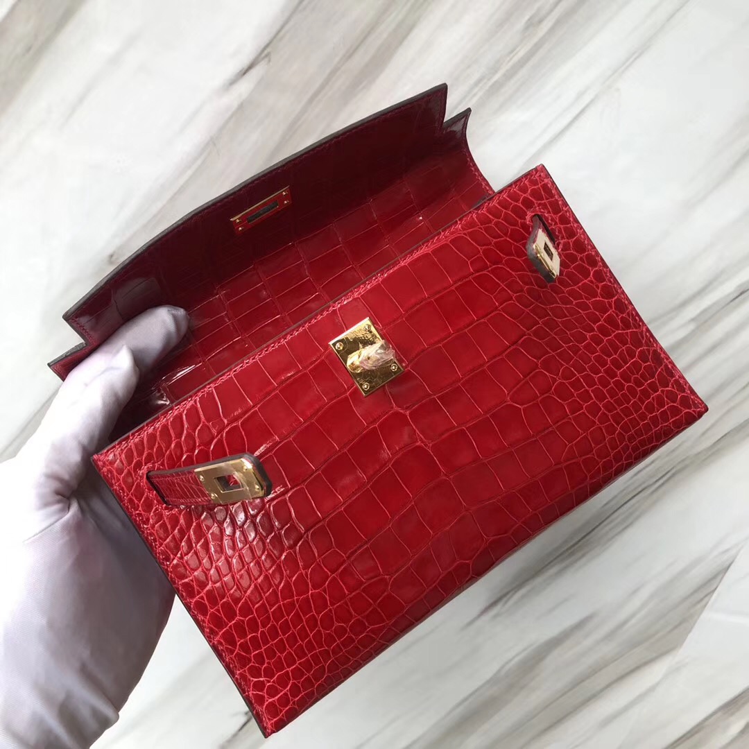 Hermes MiniKelly Pochette CK95法拉利紅 Rouge Braise Shiny alligator crocodile