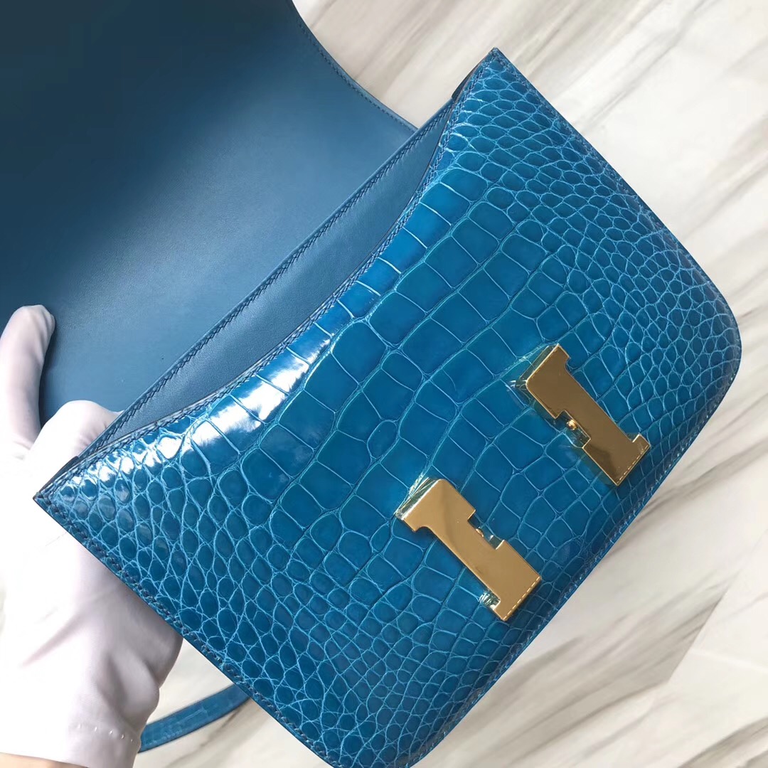 Hermes Constance 24cm Shiny alligator crocodile 7W伊茲密爾藍 Blue izmir