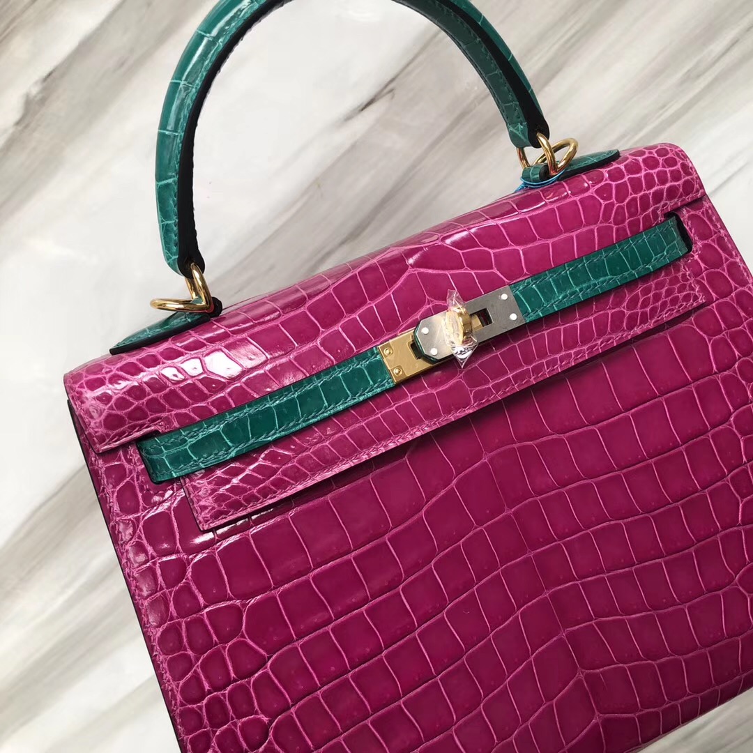 Hermes HSS Kelly 25cm Shiny porosus crocodile J5天方夜譚粉紫拼6Q翡翠綠