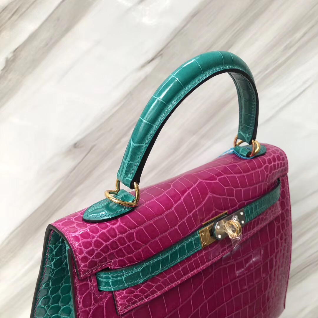 Hermes HSS Kelly 25cm Shiny porosus crocodile J5天方夜譚粉紫拼6Q翡翠綠