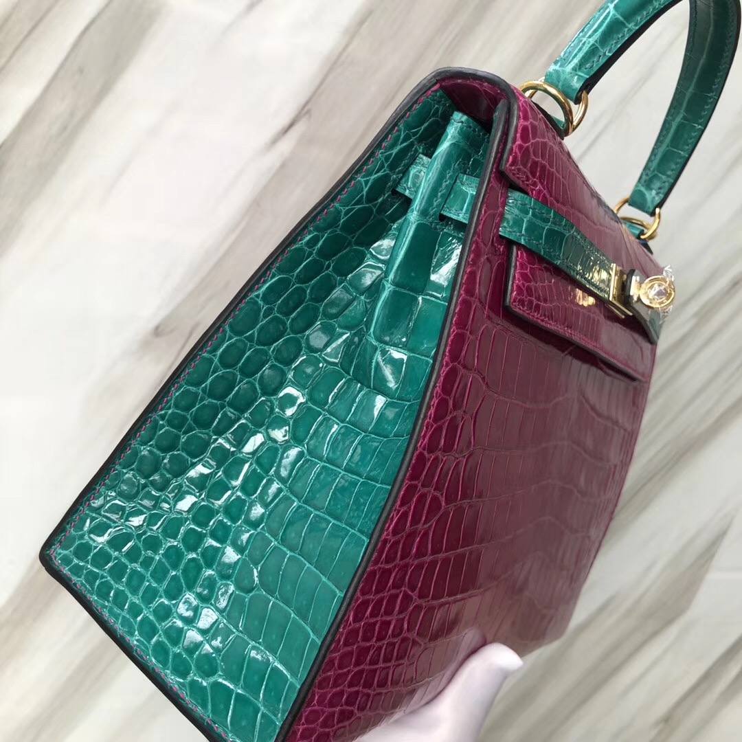 Hermes HSS Kelly 25cm Shiny porosus crocodile J5天方夜譚粉紫拼6Q翡翠綠