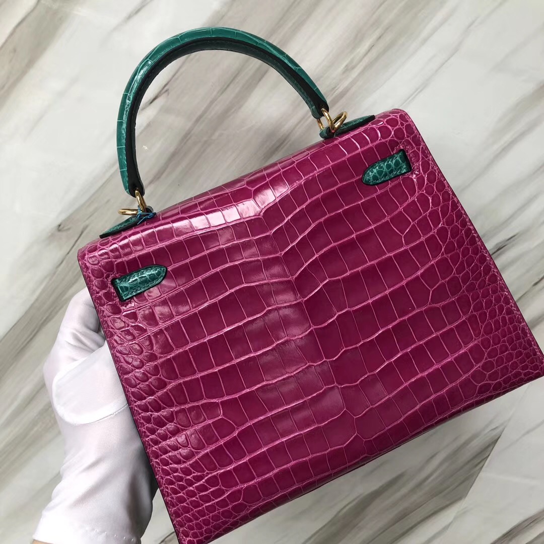 Hermes HSS Kelly 25cm Shiny porosus crocodile J5天方夜譚粉紫拼6Q翡翠綠