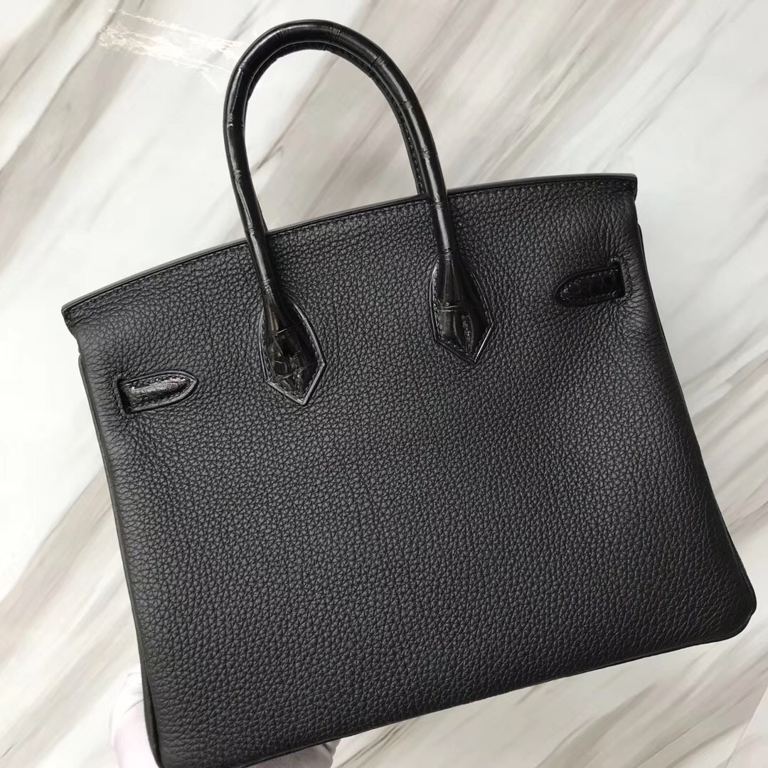 Hermes Touch Birkin 25 Togo/Shiny nilo crocodile CK89 black Rose Gold