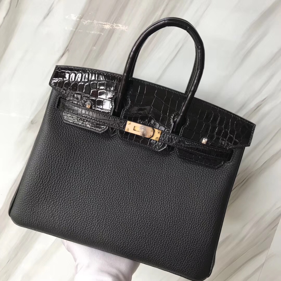 Hermes Touch Birkin 25 Togo/Shiny nilo crocodile CK89 black Rose Gold