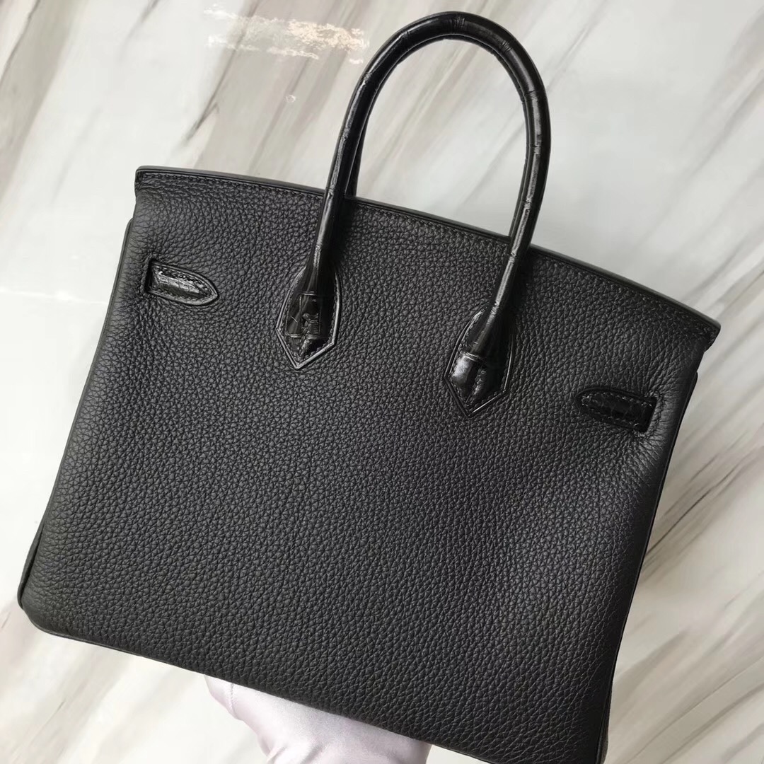 Hermes Touch Birkin 25 Togo/Shiny nilo crocodile CK89 black Rose Gold