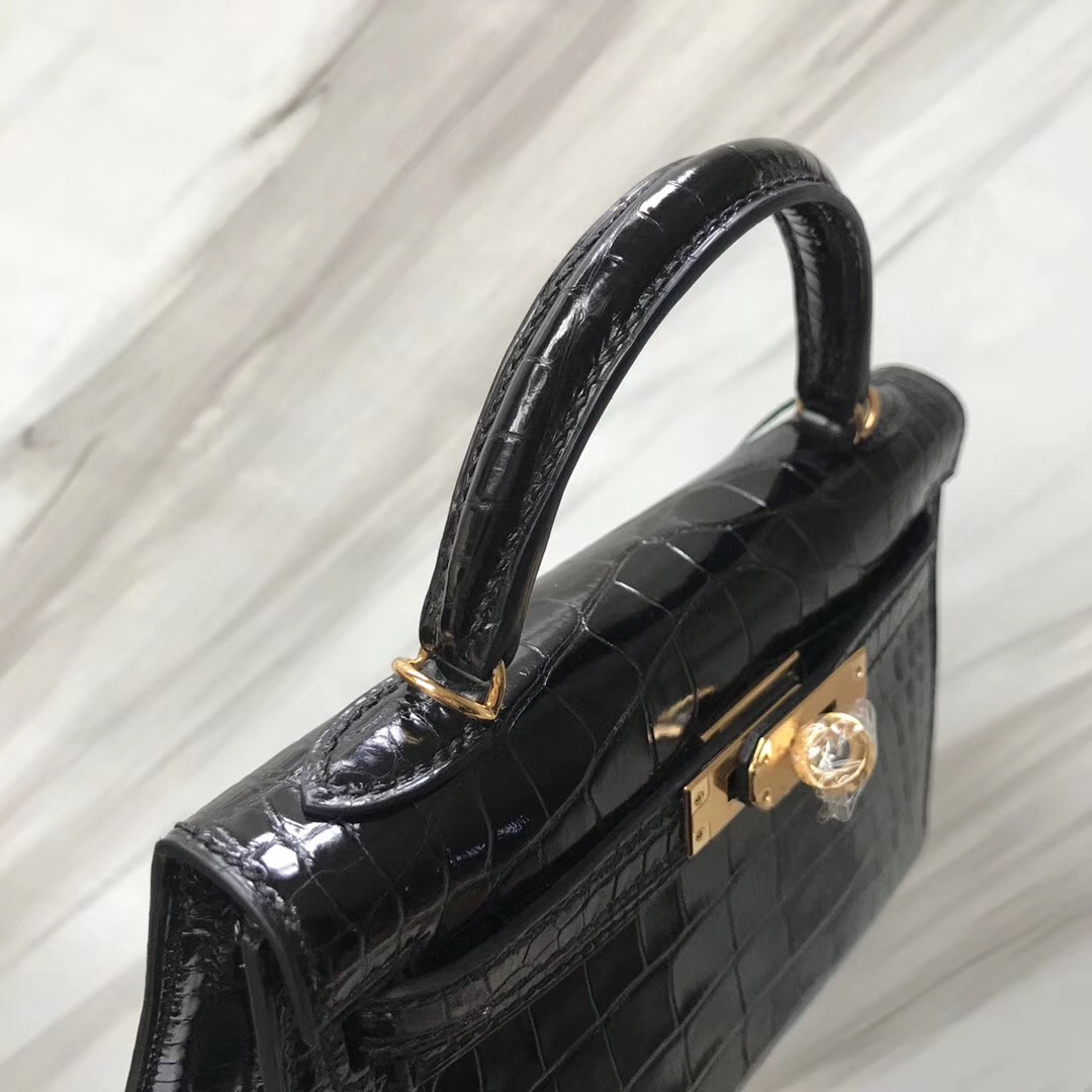 Hermes MiniKelly 2代 亮面方塊 美洲鱷魚 CK89黑色 Noir 金扣