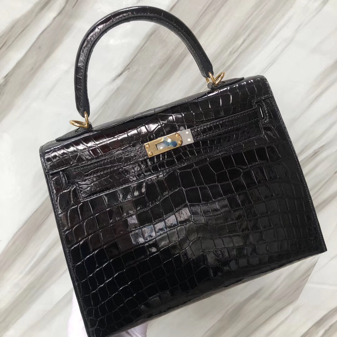 愛馬仕凱莉包 Hermes Kelly 25cm 亮面兩點 尼羅鱷魚CK89黑色 金扣