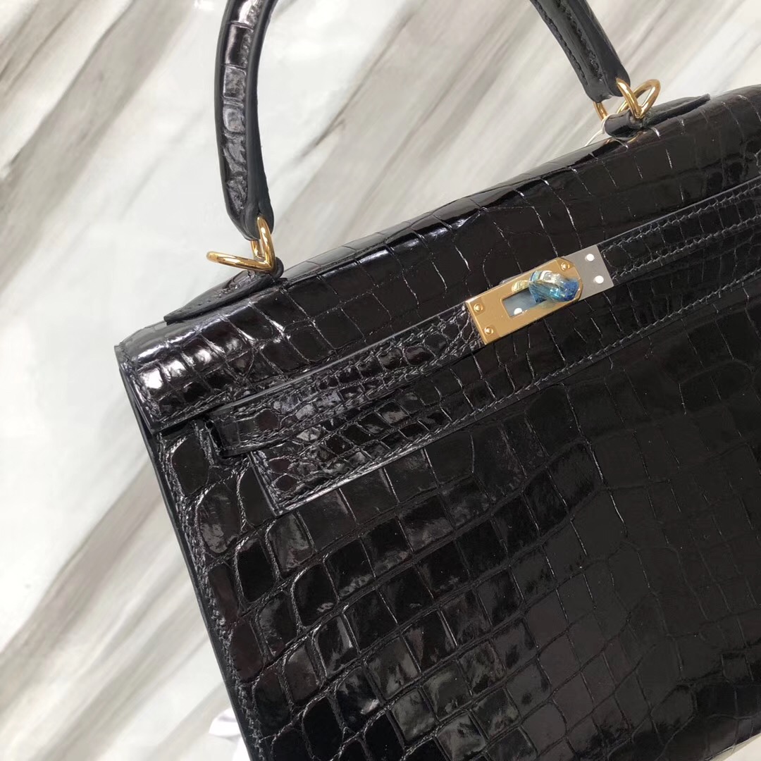 愛馬仕凱莉包 Hermes Kelly 25cm 亮面兩點 尼羅鱷魚CK89黑色 金扣