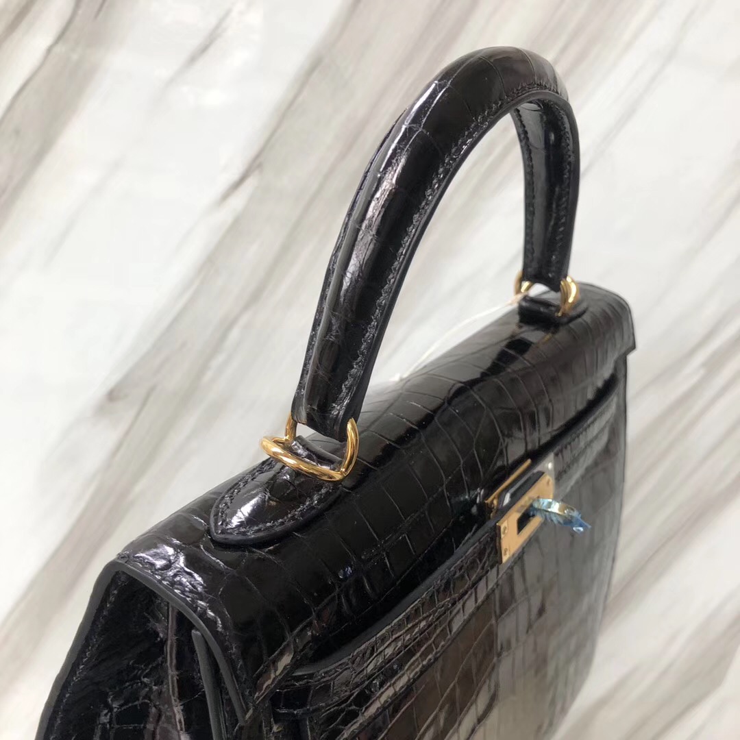 愛馬仕凱莉包 Hermes Kelly 25cm 亮面兩點 尼羅鱷魚CK89黑色 金扣