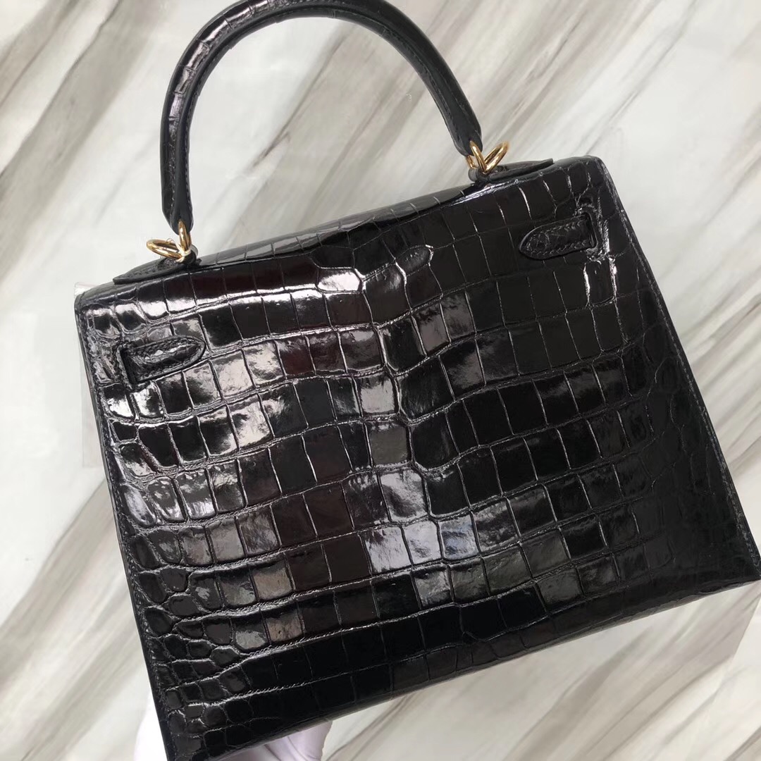 愛馬仕凱莉包 Hermes Kelly 25cm 亮面兩點 尼羅鱷魚CK89黑色 金扣