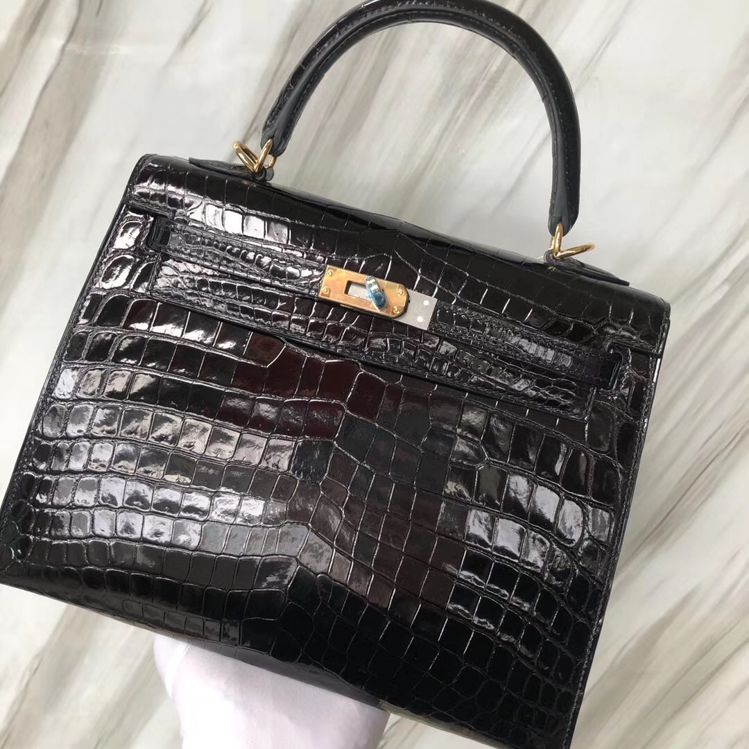 愛馬仕凱莉包 Hermes Kelly 25cm 亮面兩點 尼羅鱷魚CK89黑色 金扣