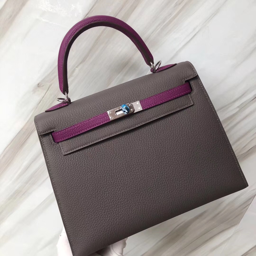 Hermes Kelly 25 Togo雙拼色外縫8F錫器灰Etain/P9海葵紫Anemone